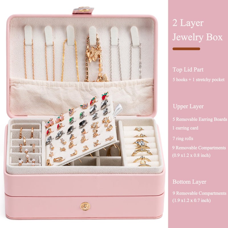 MODENGKONGJIAN Jewelry Organizer Box, 2-Layer Large Jewelry Storage Case, Portable Travel Jewelrys Display Holder for Earrings, Necklaces, Bracelets (Pink, PU Leather) - Image 2
