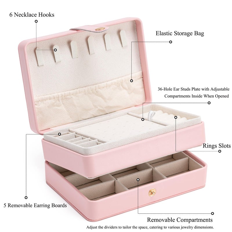 MODENGKONGJIAN Jewelry Organizer Box, 2-Layer Large Jewelry Storage Case, Portable Travel Jewelrys Display Holder for Earrings, Necklaces, Bracelets (Pink, PU Leather) - Image 3