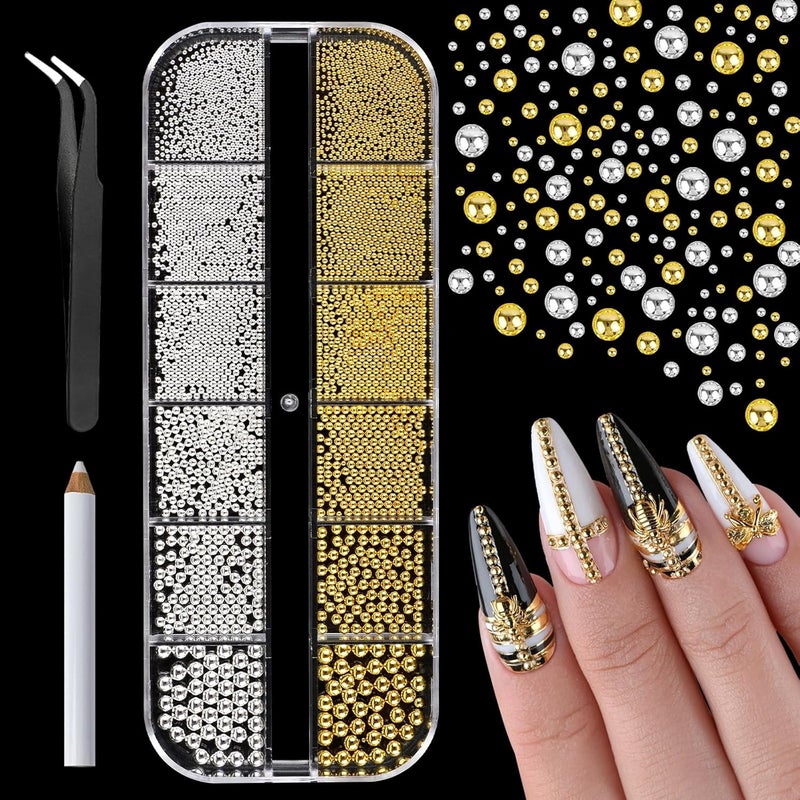 Canvalite Caviar Beads for Nails Golden Nail Pendant Nail Caviar Beads Nail Jewellery Nail Beads for Nail Art Accessories with Nail Tweezers