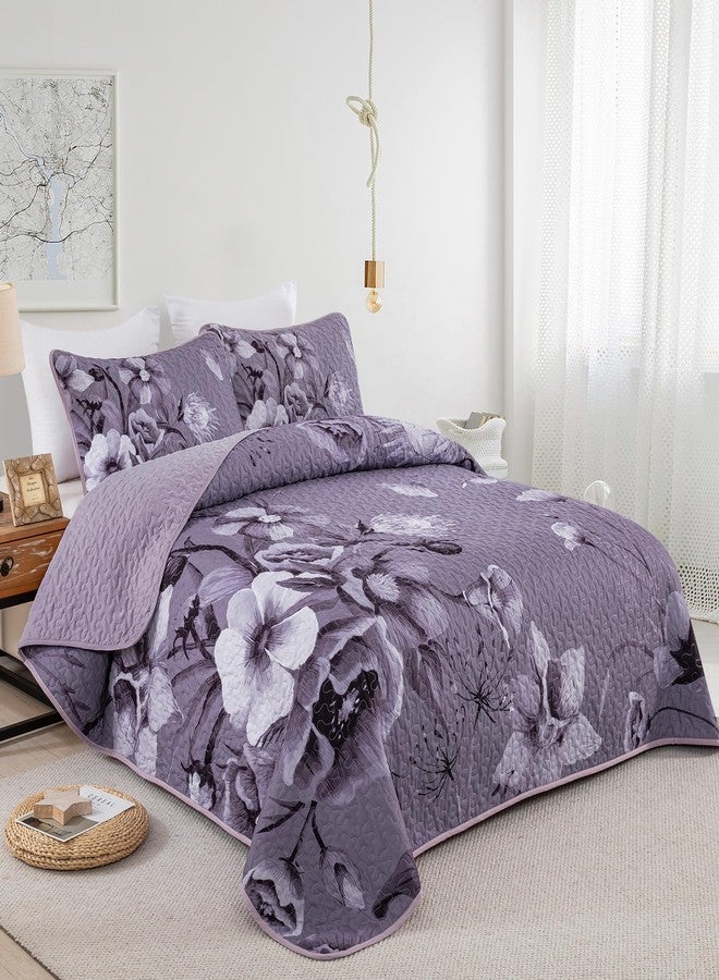 Drucon Floral Quilt Set Queen 3 Pieces Dark Purple Boho Flower Quilt Coverlet Set Soft Microfiber Lightweight Floral Quilted Bedspread with 2 Pillow Shams for All Season 90"x96" - Image 2