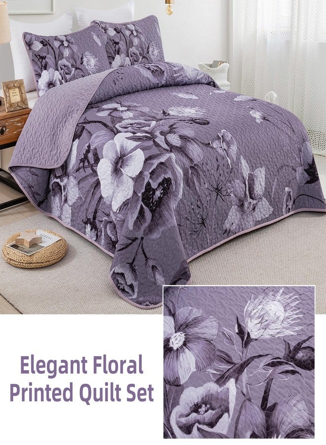 Drucon Floral Quilt Set Queen 3 Pieces Dark Purple Boho Flower Quilt Coverlet Set Soft Microfiber Lightweight Floral Quilted Bedspread with 2 Pillow Shams for All Season 90"x96" - Image 4