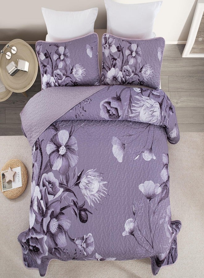 Drucon Floral Quilt Set Queen 3 Pieces Dark Purple Boho Flower Quilt Coverlet Set Soft Microfiber Lightweight Floral Quilted Bedspread with 2 Pillow Shams for All Season 90"x96" - Image 3