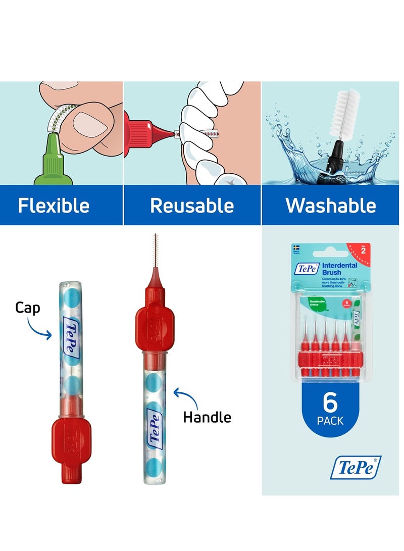 TEPE Interdental Brush Original, Soft Dental Brush for Teeth Cleaning, Pack of 6, 0.5 mm, Extra-Small/Small Gaps, Red, Size 2 - Image 5