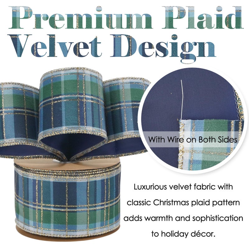 HUIHUANG Blue and Green Plaid Christmas Ribbon 2.5 inch Tartan Velvet Wired Ribbon for Christmas Tree, Garlands, Gift Wrapping, Wreaths, Mantel & Holiday Crafts- Continuous 10 Yards - Image 2
