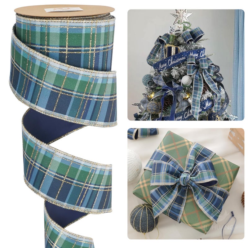 HUIHUANG Blue and Green Plaid Christmas Ribbon 2.5 inch Tartan Velvet Wired Ribbon for Christmas Tree, Garlands, Gift Wrapping, Wreaths, Mantel & Holiday Crafts- Continuous 10 Yards - Image 1