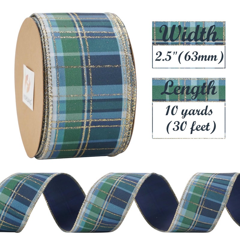 HUIHUANG Blue and Green Plaid Christmas Ribbon 2.5 inch Tartan Velvet Wired Ribbon for Christmas Tree, Garlands, Gift Wrapping, Wreaths, Mantel & Holiday Crafts- Continuous 10 Yards - Image 4