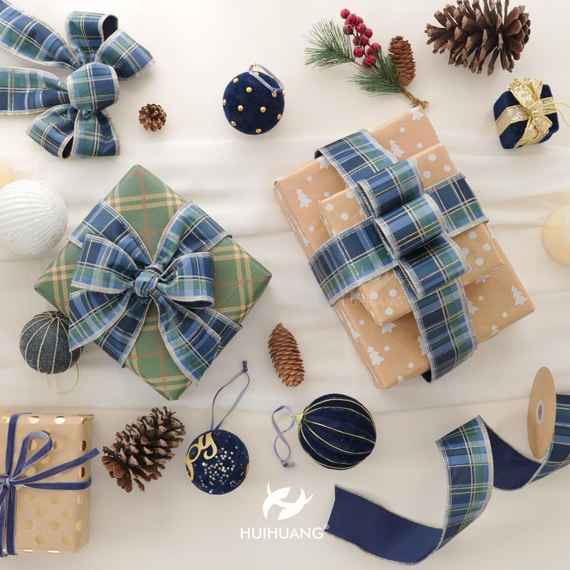 HUIHUANG Blue and Green Plaid Christmas Ribbon 2.5 inch Tartan Velvet Wired Ribbon for Christmas Tree, Garlands, Gift Wrapping, Wreaths, Mantel & Holiday Crafts- Continuous 10 Yards - Image 3