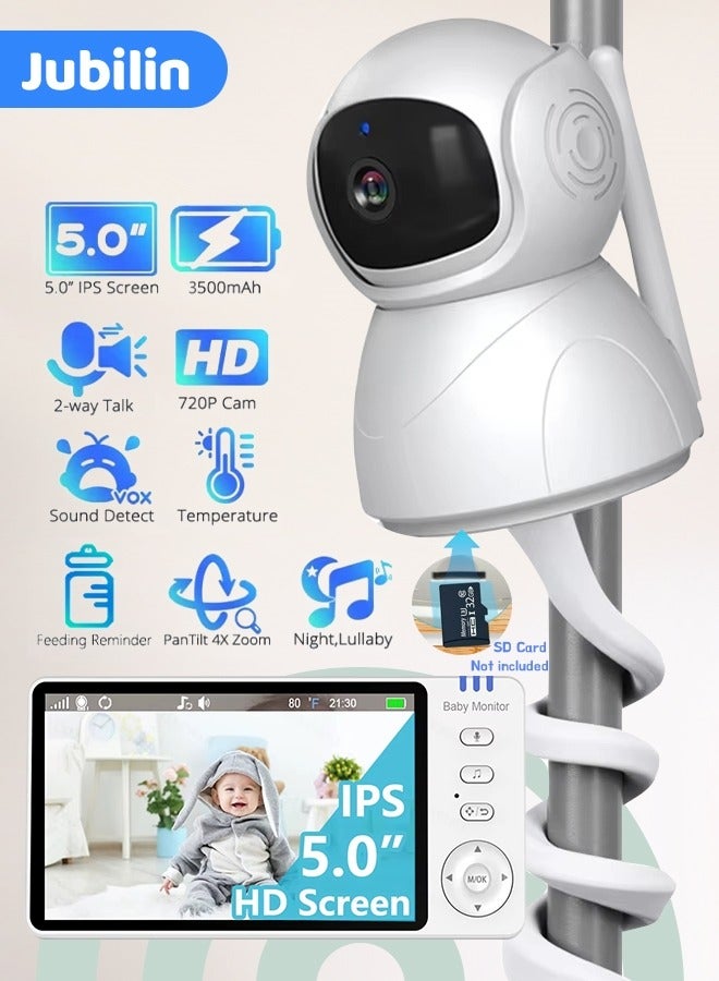 Jubilin 5.0" Baby Monitor With Video Saving Function, 720P Screen Baby Monitor, 2X Digital Zoom, Two-Way Audio, Temperature Monitoring, Night Vision, Including Camera Stand, VOX Sound Detection, 8 Pieces of Music - Image 1