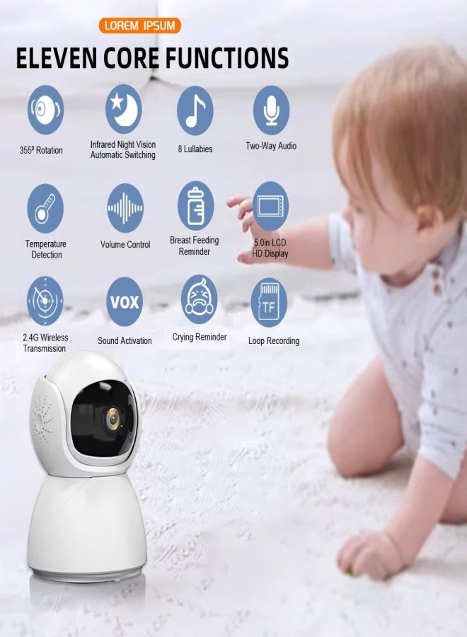 Jubilin 5.0" Baby Monitor With Video Saving Function, 720P Screen Baby Monitor, 2X Digital Zoom, Two-Way Audio, Temperature Monitoring, Night Vision, Including Camera Stand, VOX Sound Detection, 8 Pieces of Music - Image 2