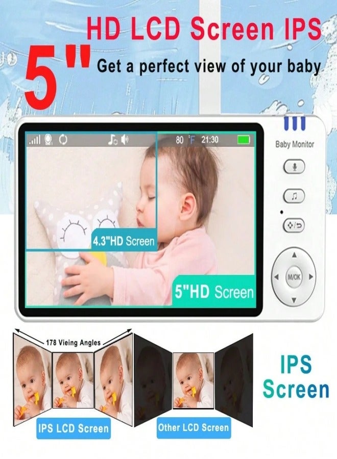 Jubilin 5.0" Baby Monitor With Video Saving Function, 720P Screen Baby Monitor, 2X Digital Zoom, Two-Way Audio, Temperature Monitoring, Night Vision, Including Camera Stand, VOX Sound Detection, 8 Pieces of Music - Image 4