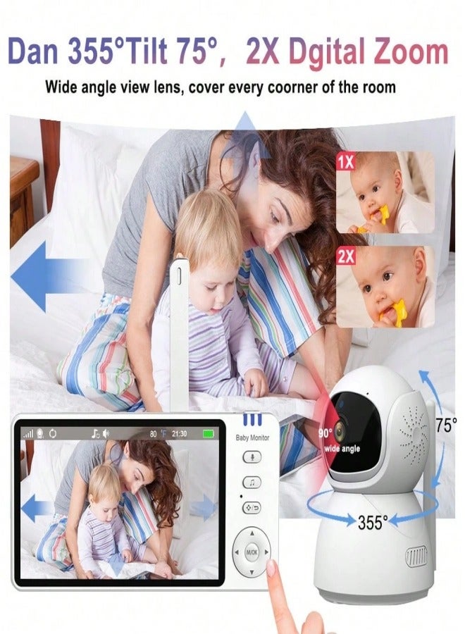 Jubilin 5.0" Baby Monitor With Video Saving Function, 720P Screen Baby Monitor, 2X Digital Zoom, Two-Way Audio, Temperature Monitoring, Night Vision, Including Camera Stand, VOX Sound Detection, 8 Pieces of Music - Image 5
