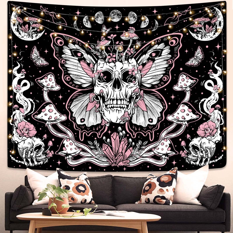 kampdream Skull Floral Tapestry Mushroom Skeleton Goth Garden Aesthetic Tapestries for Bedroom 4400  6000 Black Pink