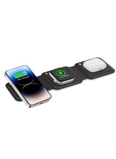 CARRERA 3 in 1 Foldable Wireless Charger Pad CWC-235, Magnetic 15W Fast Charging for Phone, 2.5W for Earbud, 2.5W for Watch, Type C Cable Included, Mag Safe & Multi-Device Compatible