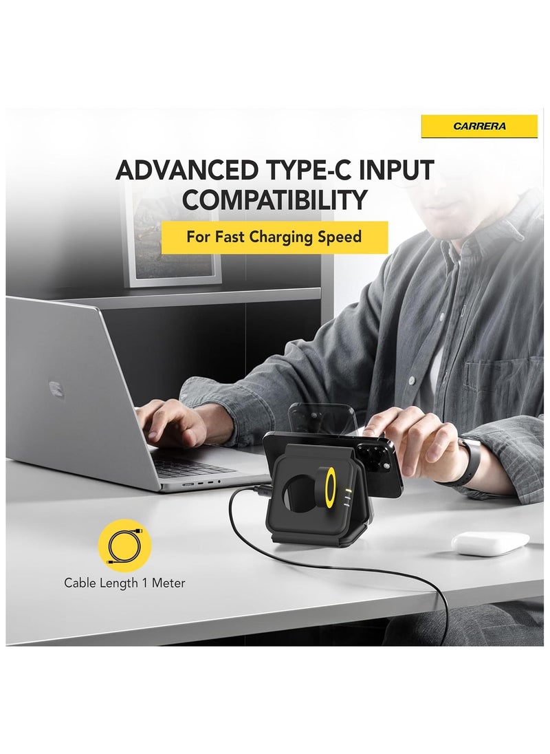 Carrera - CARRERA 3 in 1 Foldable Wireless Charger Pad CWC-235, Magnetic 15W Fast Charging for Phone, 2.5W for Earbud, 2.5W for Watch, Type C Cable Included, Mag Safe & Multi-Device Compatible - Image 1