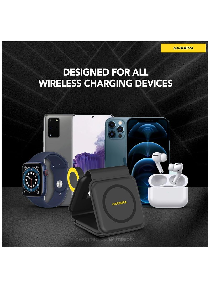 Carrera - CARRERA 3 in 1 Foldable Wireless Charger Pad CWC-235, Magnetic 15W Fast Charging for Phone, 2.5W for Earbud, 2.5W for Watch, Type C Cable Included, Mag Safe & Multi-Device Compatible - Image 1