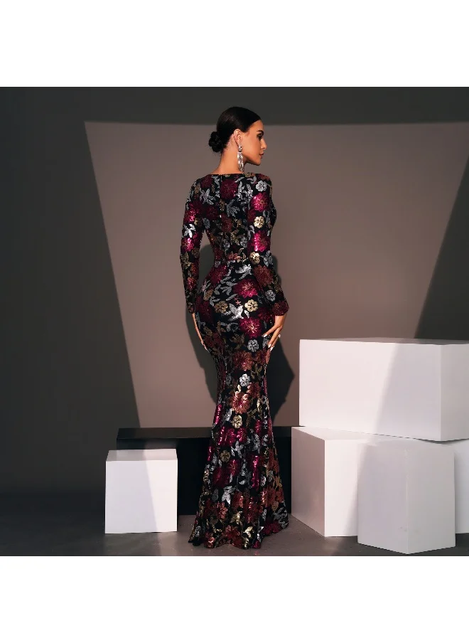 Madam Uniq Elegant Floral Sequin Long Evening Dress with Fitted Round Neck