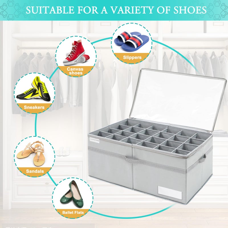 LUVHOMEE Shoe Organizer for Closet, Fits 24 Pairs, Large Shoe Box Storage Containers, Clear Foldable Shoe Storage Bins w/Bottom Support, Space Saving Closet Shoes Holder w/Reinforced Handles, Gray - Image 3