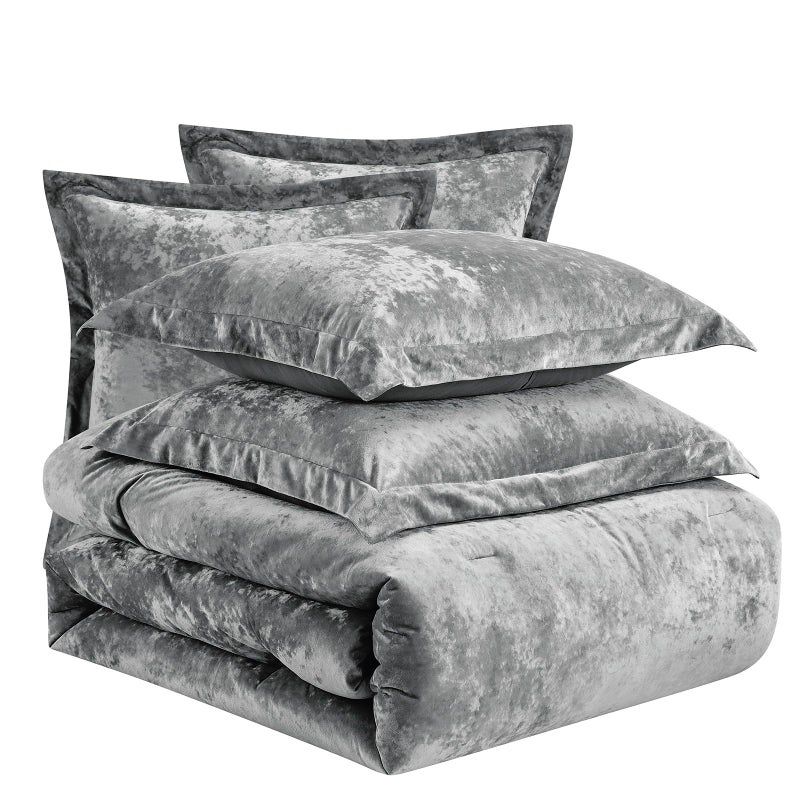 Fredsure Distressed Velvet Comforter Set, 5 Pieces Dark Grey King, Distressed Velvet Face and Brushed Microfiber Reverse - Image 5