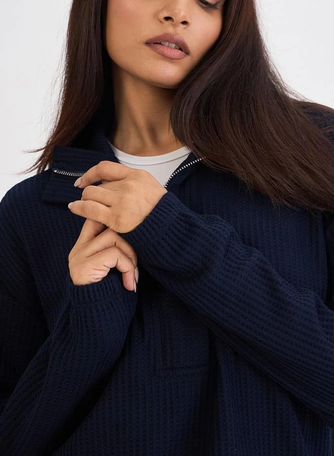 Femmella Women Navy Waffle Knit Long Sleeve Top