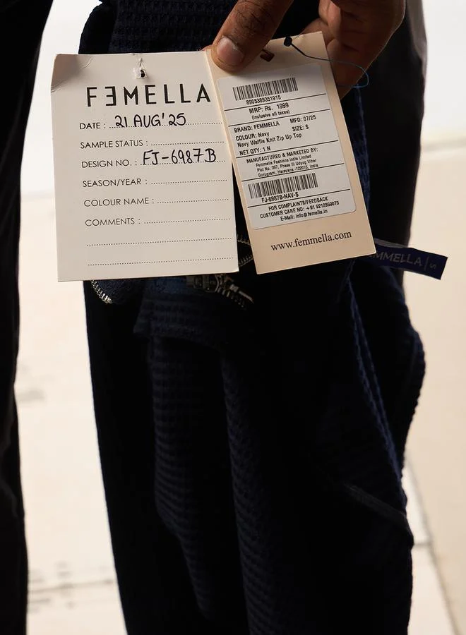 Femmella Women Navy Waffle Knit Long Sleeve Top