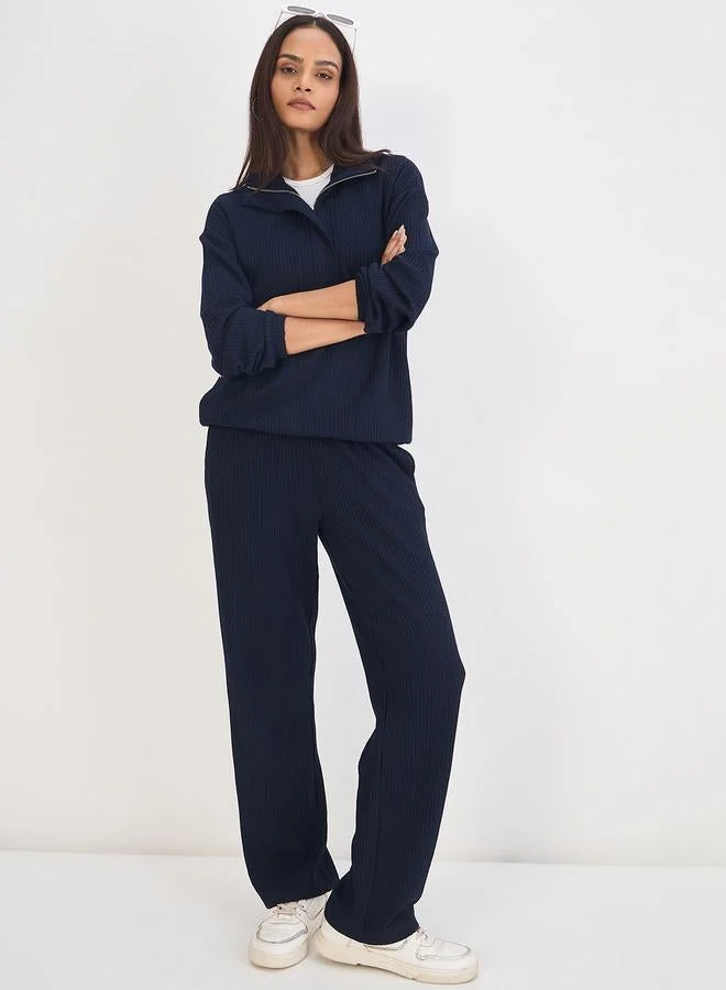 Femmella Women Navy Waffle Knit Long Sleeve Top