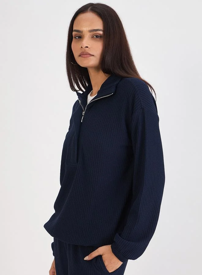 Femmella Women Navy Waffle Knit Long Sleeve Top