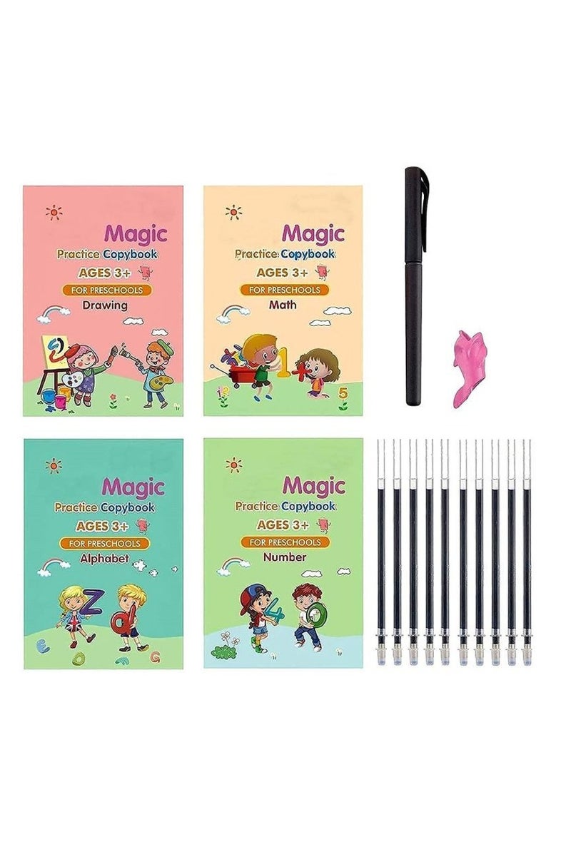 Sank Magic Children’s Grooved Magic Practice Copybook Set – 4 English Workbooks with Pen Holder & Refills – Handwriting Control Training for Kids - Image 1