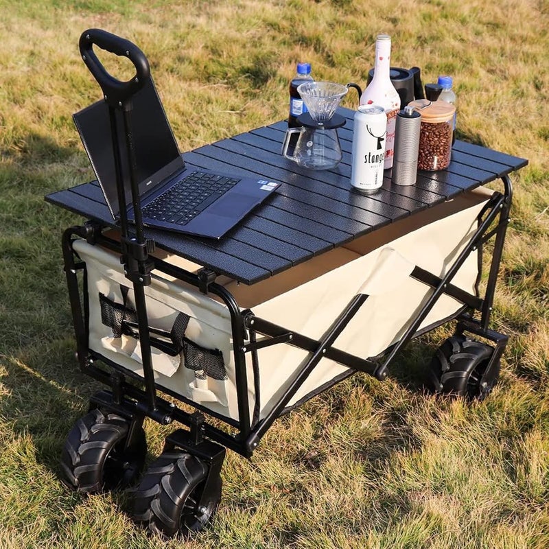 Antole Folding Wagon Cart Trolley Wagon Cart with Foldable Aluminum Table Plate,Large Capacity Beach Wagon with Big All-Terrain Beach Wheels,150L Large Capacity,Outdoor Garden Cart Foldable Wagon - Image 4