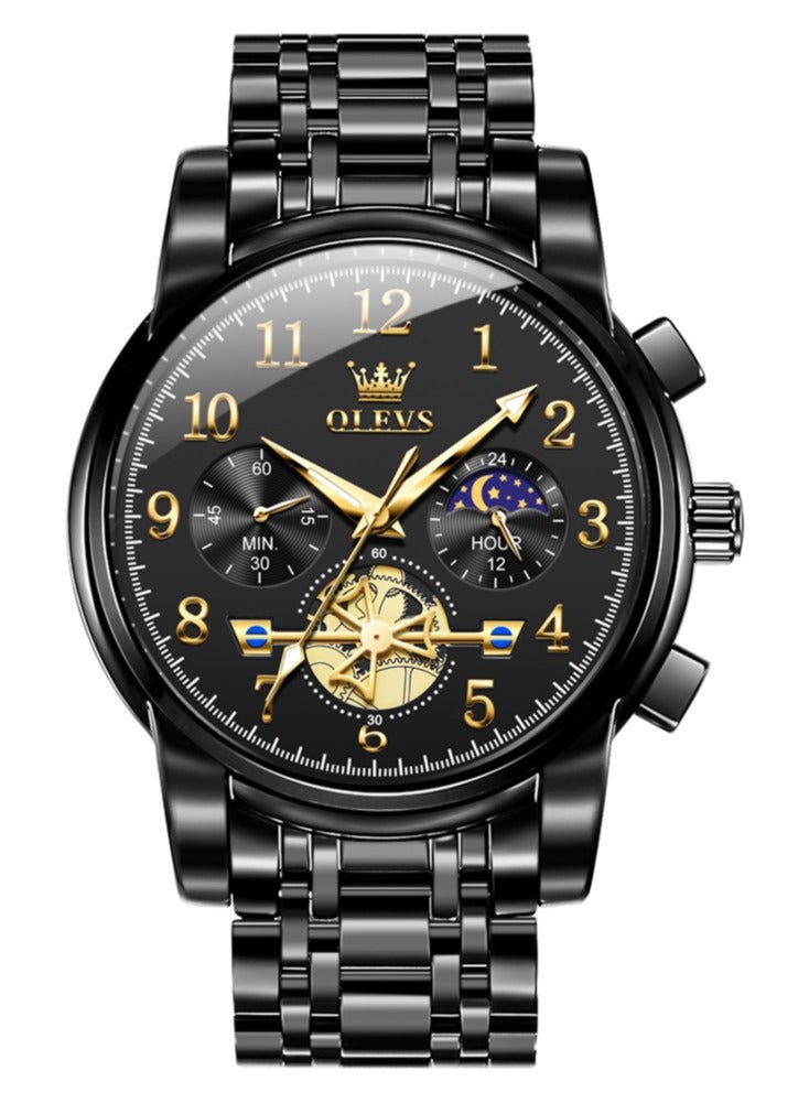 أوليفز ساعة OLEVS 2900 Moon Phase للرجال من الفولاذ المقاوم للصدأ ومضادة للماء وعصرية بهيكل عظمي وساعة كوارتز كرونوغراف للرجال - Image 2