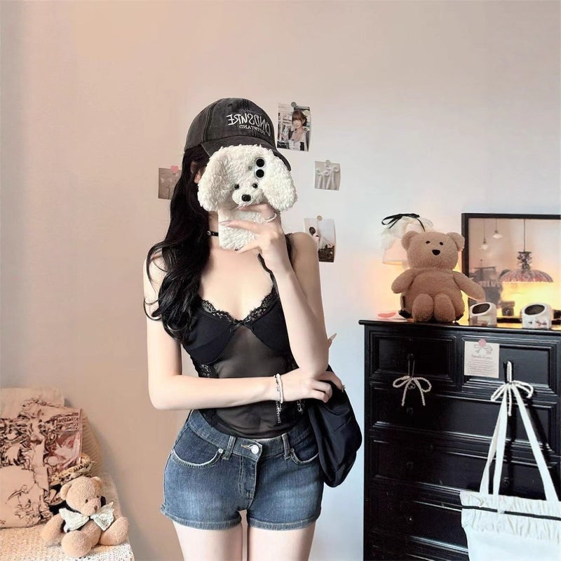Women's Lace V-Neck Camisole with Built-In Padding, Slim Short Tank Top - Image 3