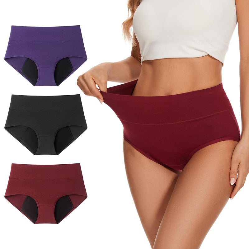 ALLBASE Womens Leakproof Period Underwear Heavy Flow Washable Postpartum Protection Panties High Absorbency Cotton High Waist Menstrual Briefs Multicolor(3 Pack Regular & Plus Size) - Image 1
