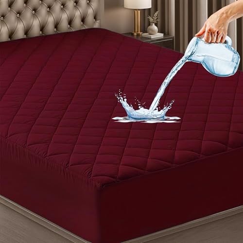GADDA CO Waterproof Cotton Quilted Mattress Protector King Size (78x72 Inch | 6.5x6 Ft) | Breathable Hypoallergenic Noiseless Ultra Soft Fitted Bed Protector | Mattress/Bed Cover - Maroon - Image 1