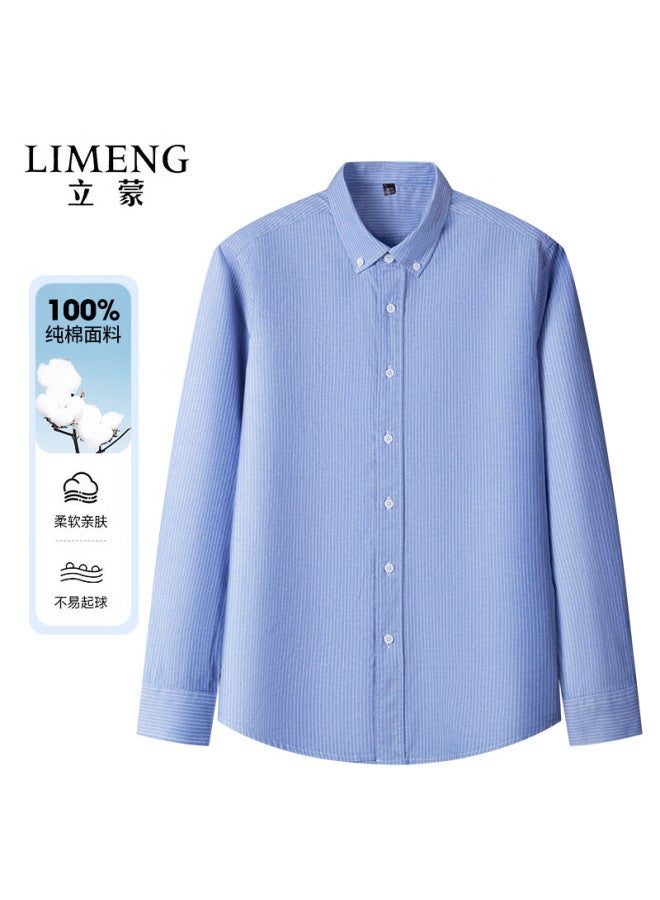 Limeng Men's Long-sleeve Shirt, Middle-aged Dad Style, All-cotton Casual Oxford Cloth Striped Shirt, Blue Fine Stripes, Size 39 - Image 1