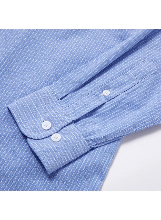 Limeng Men's Long-sleeve Shirt, Middle-aged Dad Style, All-cotton Casual Oxford Cloth Striped Shirt, Blue Fine Stripes, Size 39 - Image 4