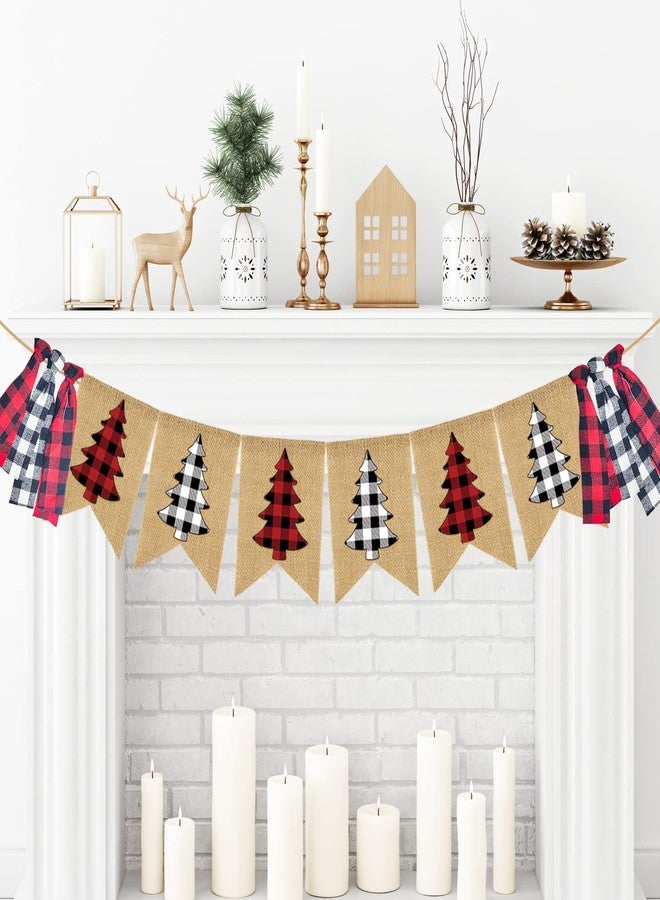 Doumeny Christmas Plaid Burlap Banner Buffalo Check Xmas Tree Bunting Vintage Merry Christmas Bunting Garland Winter Holiday Gingham Tassel Garland for Mantle Fireplace Wall Door Party Supplies Decor - Image 1