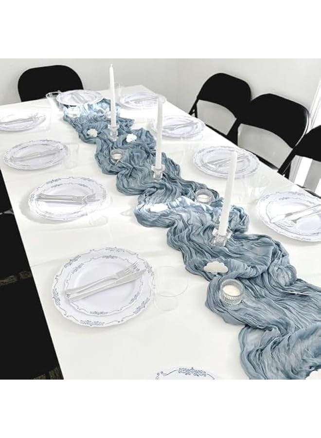 Laravel Translucent Table Runner Boho Gauze Table Decor  Chessian Tablecloth  for Wedding Reception Bridal Shower Party Decoration Dusty Blue 10ft - Image 3