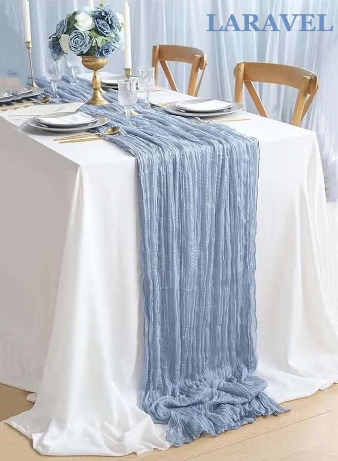 Laravel Translucent Table Runner Boho Gauze Table Decor  Chessian Tablecloth  for Wedding Reception Bridal Shower Party Decoration Dusty Blue 10ft - Image 1