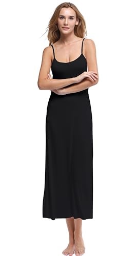 Papicutew Women's Modal Long Full Cami Slip Dress Sleeveless Nightgowns (Black, M) - Image 1