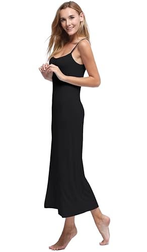 Papicutew Women's Modal Long Full Cami Slip Dress Sleeveless Nightgowns (Black, M) - Image 5