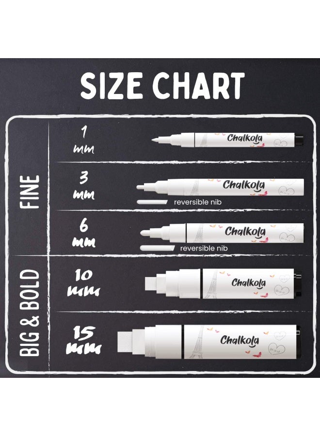 Chalkola White Chalkboard Chalk Markers - White Dry Erase Marker For Blackboard Chalkboard Signs Windows Glass Variety Pack - Fine And Jumbo Size Ink Pens 1Mm 3Mm 6Mm 10Mm 15Mm - Image 2