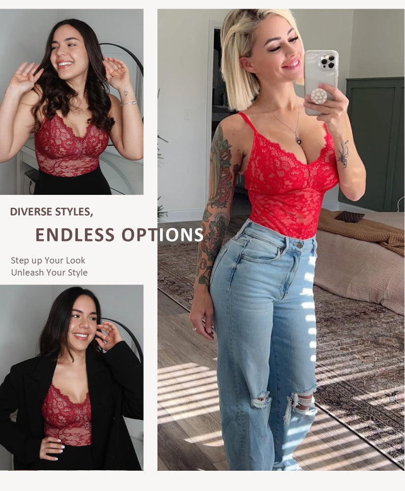 FeelinGirl Shapewear Bodysuit for Women Charming V Neck Tank Top Lace Body Suits Shapewear Lingerie Jumpsuit Dark Red L - Image 2