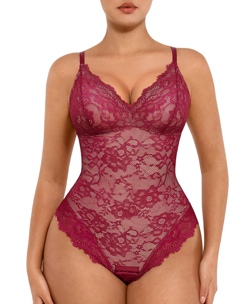 FeelinGirl Shapewear Bodysuit for Women Charming V Neck Tank Top Lace Body Suits Shapewear Lingerie Jumpsuit Dark Red L - Image 1