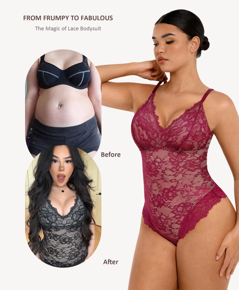FeelinGirl Shapewear Bodysuit for Women Charming V Neck Tank Top Lace Body Suits Shapewear Lingerie Jumpsuit Dark Red L - Image 4