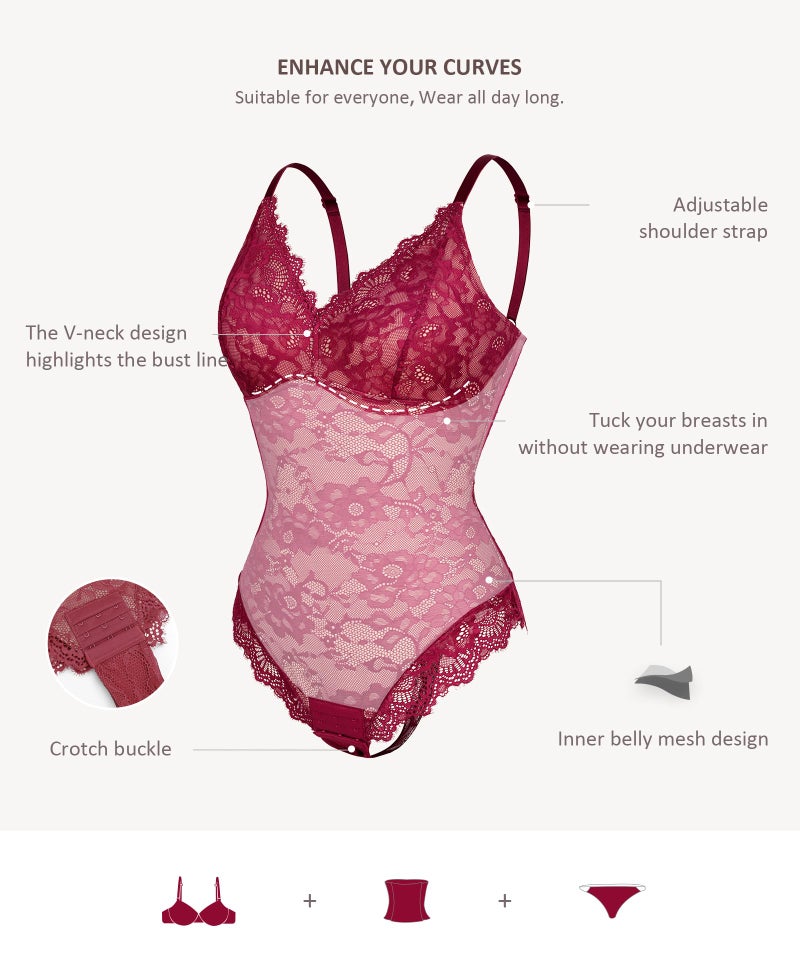 FeelinGirl Shapewear Bodysuit for Women Charming V Neck Tank Top Lace Body Suits Shapewear Lingerie Jumpsuit Dark Red L - Image 3