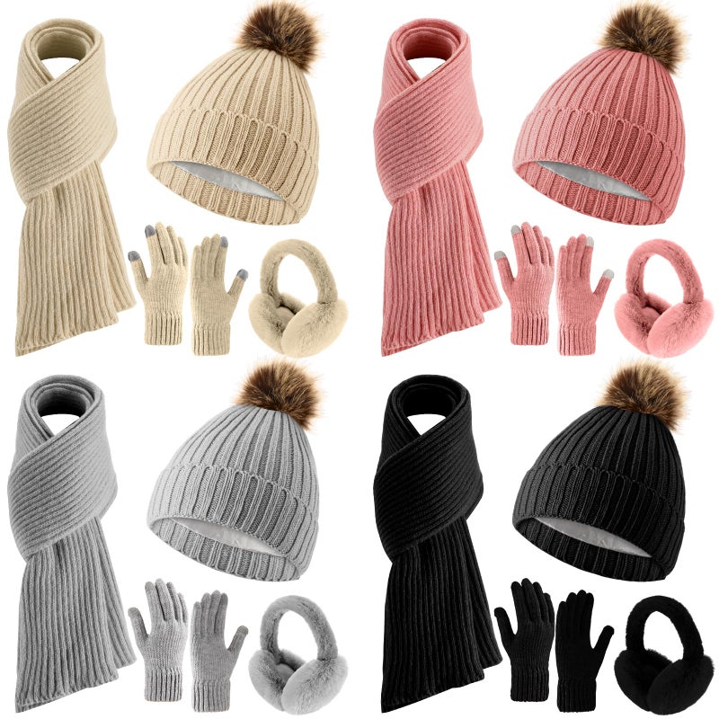 Velmitten 16 Pcs Winter Hat Scarf Gloves Ear Warmer Set 4 in 1 Knitted Hat Scarf Touch Screen Gloves for Women Men Homeless, Black, Beige, Pink, Gray, M - Image 1