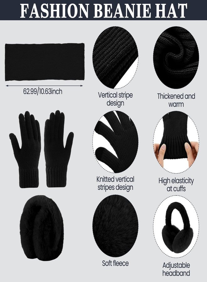 Velmitten 16 Pcs Winter Hat Scarf Gloves Ear Warmer Set 4 in 1 Knitted Hat Scarf Touch Screen Gloves for Women Men Homeless, Black, Beige, Pink, Gray, M - Image 3
