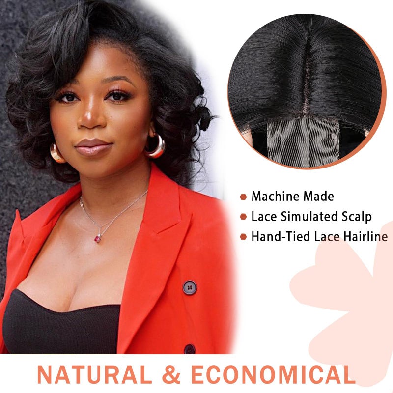 Lady Miranda Short Curly Wig Short Bob Loose Wave Wigs for Black Women Lace Part Wig Side Part Wigs Nature Curly Synthetic Heat Resistant Weave Full Wigs for Women(Black) - Image 5