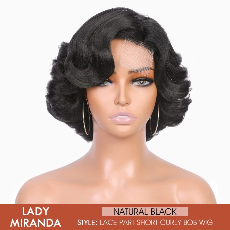 Lady Miranda Short Curly Wig Short Bob Loose Wave Wigs for Black Women Lace Part Wig Side Part Wigs Nature Curly Synthetic Heat Resistant Weave Full Wigs for Women(Black) - Image 2