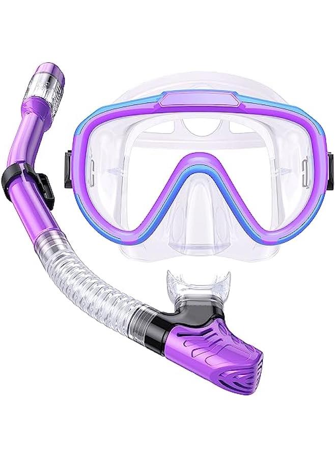 Arabest Kids Snorkel Set, Anti-Fog Panoramic Tempered Glass Kids Snorkel mask, Anti-Leak Scuba Diving Mask with Mesh Bag, Dry Top Snorkeling Gear for Kids and Youth Age 4-16 - Image 1