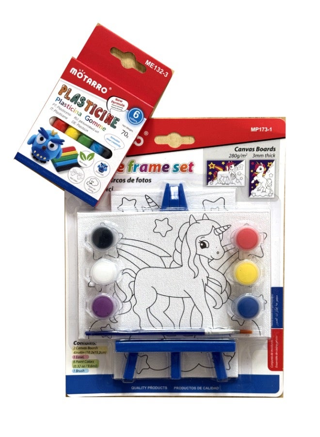 MOTARRO Motarro High-Quality Painting Picture Frame Set – 2 Canvas Boards (10.2cm × 15.2cm) + 1 Easel + 6 Paint Colors + 1 Brush + Gift Motarro Clay (6 Painting colors) - Unicorn - Image 2